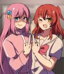  2girls :d blue_eyes blurry blurry_background blush bocchi_the_rock! commentary cube_hair_ornament english_commentary gotou_hitori green_eyes hair_between_eyes hair_ornament highres hinghoi jacket kita_ikuyo long_hair looking_at_viewer middle_finger multiple_girls nervous one_eye_closed one_side_up open_mouth pink_hair pink_jacket redhead school_uniform shaded_face side-by-side side_ponytail sidelocks smile sweatdrop very_long_hair wavy_mouth 