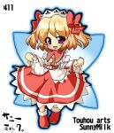  1girl ascot blue_wings blush chibi dress fairy fairy_wings hair_ribbon long_sleeves looking_at_viewer red_dress red_ribbon redhead ribbon simple_background solo sunny_milk takasegawa_yui tiara touhou two_side_up violet_eyes white_background wings yellow_ascot 
