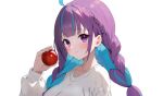  1girl absurdres ahoge apple blue_hair blunt_bangs blush braid chris_preston colored_inner_hair food french_braid fruit highres holding holding_food holding_fruit hololive light_smile long_hair long_sleeves looking_at_viewer minato_aqua multicolored_hair purple_hair simple_background solo streaked_hair sweater two-tone_hair upper_body violet_eyes virtual_youtuber white_background white_sweater 