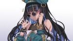  1girl black_hair blue-tinted_eyewear candy colored_inner_hair commentary_request commission eyeliner fate/grand_order fate_(series) food green_headwear green_jacket highres jacket lollipop looking_at_viewer looking_over_eyewear makeup multicolored_hair round_eyewear senrireiri skeb_commission solo sunglasses tenochtitlan_(fate) tinted_eyewear white_background 