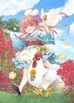  1girl ahoge animal bird blue_dress blue_ribbon blue_sky chicken child clouds cloudy_sky day dress female_child flower full_body hair_flower hair_ornament long_hair on_grass open_mouth red_flower redhead ribbon rooster running shinonome_moegi sky smile solo 