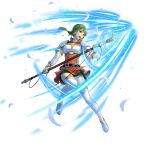  1girl armor boots braid braided_ponytail breastplate breasts dress feathers fingerless_gloves fire_emblem fire_emblem:_the_sacred_stones fire_emblem_heroes gloves green_eyes green_hair high_heel_boots high_heels holding holding_polearm holding_weapon long_hair low_ponytail non-web_source official_art open_mouth orange_dress polearm shorts shorts_under_skirt small_breasts solo teeth thigh_boots thigh_shorts v-shaped_eyebrows vanessa_(fire_emblem) weapon white_background white_footwear white_gloves 