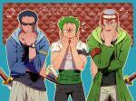  3boys bald black_hair closed_mouth earrings green_hair hand_in_mouth highres jewelry johnny_(one_piece) looking_at_viewer male_focus multiple_boys one_piece parupiren roronoa_zoro short_hair watch watch yosaku_(one_piece) 