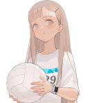  1girl absurdres ball brown_eyes brown_hair frown hair_ornament hairclip highres holding holding_ball looking_to_the_side original peter_pan_(adtc7243) shirt short_sleeves solo t-shirt upper_body volleyball watch watch weibo_logo weibo_username white_background white_shirt 