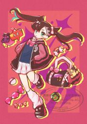  1girl asymmetrical_bangs black_hair bow bowtie candy choker closed_mouth dusk_ball earrings eating food gokuaku_rabbit green_eyes hair_bow highres jacket jewelry lollipop lollipop_in_mouth long_sleeves looking_at_viewer marnie_(academy)_(pokemon) marnie_(pokemon) morpeko morpeko_(full) morpeko_(hangry) official_alternate_costume open_clothes open_jacket pink_bow pink_bowtie poke_ball poke_ball_(basic) pokemon pokemon_masters_ex rotom rotom_phone school_uniform skirt socks twintails white_socks 