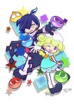  1boy 1girl black_gloves black_jacket blonde_hair gloves hair_over_one_eye highres jacket marle_(puyopuyo) official_style one_eye_closed open_mouth pantyhose puyo_(puyopuyo) puyopuyo puyopuyo_tetris squares_(puyopuyo) star_(symbol) violet_eyes white_gloves white_pantyhose yamanote_satan yellow_eyes 