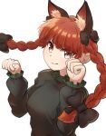  1girl animal_ear_fluff animal_ears black_bow bow braid cat_ears clenched_hands extra_ears fingernails highres kaenbyou_rin looking_at_viewer paw_pose red_eyes redhead simple_background smile solo touhou tsurime twin_braids user_weyp3477 