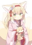  1girl absurdres animal animal_ears arknights blonde_hair blush closed_mouth commentary cowboy_shot flower fox fox_ears fox_girl fox_tail green_eyes hair_between_eyes hair_flower hair_ornament hairband hands_up highres holding holding_animal japanese_clothes kimono kitsune kyuubi long_hair long_sleeves looking_at_viewer multiple_tails official_alternate_costume pink_kimono red_hairband ryoku_sui simple_background smile solo suzuran_(arknights) suzuran_(yukibare)_(arknights) tail tassel tassel_hair_ornament white_background wide_sleeves 