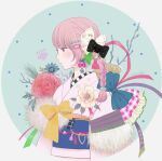  1girl 2022 animal_print black_bow bow braid checkered_clothes earrings flower frills hair_bow hair_ornament hairpin japanese_clothes jewelry kimono obi original pink_hair pink_kimono red_flower red_rose ribata rose sash signature solo upper_body yellow_bow 