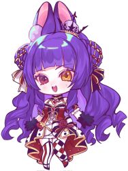  1girl :d animal_ear_fluff animal_ears bare_shoulders black_gloves blush buck_teeth checkered_thighhighs chibi chibi_only choker corset crown double_bun flower frilled_choker frills full_body garter_straps gloves gold_choker hair_bun hair_ribbon heterochromia highres indie_virtual_youtuber long_hair looking_at_viewer maddie_(vtuber) mini_crown nyellow orange_eyes purple_hair quilted_skirt rabbit_ears rabbit_girl red_corset red_eyes red_flower red_pendant red_rose ribbon ringed_eyes ringlets rose smile striped_clothes striped_thighhighs teeth thigh-highs very_long_hair white_background 