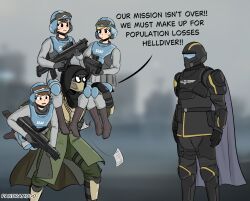  2boys 3girls armor artist_name assault_rifle black_gloves blurry blurry_background boots bulletproof_vest bullpup cape carrying gloves goggles goggles_on_headwear greaves gun helldiver_(helldivers) helldivers_(series) helmet highres hood military_uniform multiple_boys multiple_girls pandramodo paper pauldrons piggyback rifle seaf_soldier_(helldivers) shoulder_armor skull weapon 