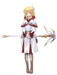  1girl absurdres blonde_hair blush cosplay final_fantasy final_fantasy_xiv fire_emblem fire_emblem:_genealogy_of_the_holy_war fire_emblem:_thracia_776 green_eyes highres hood long_sleeves looking_at_viewer nanna_(fire_emblem) ritence robe short_hair simple_background smile solo staff thigh-highs white_background white_mage white_mage_(cosplay) white_robe wing_hair_ornament 