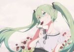  1girl bare_arms commentary_request cosmos_(flower) earrings floating_hair flower green_eyes green_hair grey_shirt hair_between_eyes hatsune_miku highres holding holding_flower jewelry long_hair looking_to_the_side outdoors partial_commentary pre_sktch red_flower shirt sleeveless sleeveless_shirt solo twintails upper_body valentine very_long_hair vocaloid 