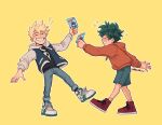  ! !! 2boys aged_down all_might artist_name bakugou_katsuki black_shirt blonde_hair blush boku_no_hero_academia card child closed_eyes commentary denim english_commentary freckles full_body green_hair habkart highres holding holding_card hood hood_down hooded_jacket hoodie jacket jeans long_sleeves male_child male_focus midoriya_izuku multiple_boys open_clothes open_jacket orange_hoodie pants red_footwear shirt shoes short_hair shorts simple_background smile sneakers sparkle spiky_hair standing yellow_background 