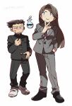  1boy 1girl ace_attorney black_hair black_pants blue_eyes brown_hair cosplay ekubo_(mob_psycho_100) ekubo_(mob_psycho_100)_(cosplay) formal full_body gakuran grey_jacket grey_pants grey_suit hand_in_pocket hand_on_own_chest hand_to_own_mouth jacket kageyama_shigeo kageyama_shigeo_(cosplay) long_hair long_sleeves mia_fey mob_psycho_100 necktie open_mouth pants phoenix_wright pink_necktie reigen_arataka reigen_arataka_(cosplay) school_uniform shirt shoes short_hair simple_background smile suit wahootarou white_shirt 