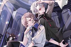  2boys black_pants black_shirt chronoir collared_shirt ear_piercing grey_eyes kanae_(nijisanji) kuzuha_(nijisanji) light_brown_hair long_sleeves looking_at_viewer low_ponytail male_focus medium_hair mole mole_under_eye multiple_boys nagihaha nijisanji pants piercing pointy_ears red_eyes roto_(kanae) shirt virtual_youtuber white_hair white_shirt 