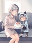  2girls :d ^_^ animal_ears animal_hood black_thighhighs blue_eyes cake cat_ears cat_hair_ornament cat_hood closed_eyes closed_mouth commentary_request couch fake_animal_ears female_child food fruit grey_hair grey_hoodie hair_ornament hairclip happy_birthday holding hood hood_up hoodie long_hair long_hoodie midorikawa_you multiple_girls no_shoes on_couch original sitting smile soles strawberry thigh-highs very_long_hair window 