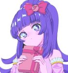  1990s_(style) 1girl absurdres blunt_bangs blush blush_stickers bow box detached_sleeves gift gift_box hair_bow hair_ornament hanazono_shuuka happy_valentine head_tilt high_ponytail highres holding holding_box holding_gift idol_land_pripara idol_time_pripara long_hair looking_at_viewer milon_cas pink_bow pink_shirt pink_sleeves ponytail pretty_(series) pripara puckered_lips purple_hair red_bow retro_artstyle shirt solo upper_body valentine violet_eyes white_background 