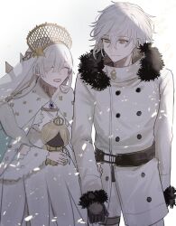  1boy 1girl anastasia_(fate) belt black_belt black_gloves buttons closed_eyes closed_mouth commentary_request doll dress fate/grand_order fate_(series) fur-trimmed_jacket fur_trim gloves height_difference highres holding holding_doll holding_hands i_tami_sumi jacket kadoc_zemlupus long_hair short_hair smile viy_(fate) white_background white_dress white_hair white_jacket 