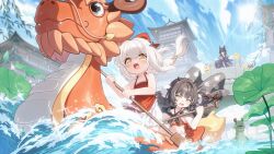  absurdres architecture azur_lane bare_shoulders black_hair blue_sky bow bridge canoe chi_an_(azur_lane) clouds dragon_boat_festival east_asian_architecture fei_yuen_(azur_lane) fei_yuen_(flying_clouds_flailing_pranks)_(azur_lane) fu_po_(azur_lane) fu_po_(mischievous_tidings)_(azur_lane) hair_bow highres holding holding_paddle leaf manjuu_(azur_lane) multicolored_hair official_alternate_costume official_art open_mouth outdoors paddle pedestrian_bridge petite red_bow sky streaked_hair water white_hair yellow_eyes 