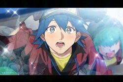  1girl 2boys baseball_cap black_shirt blue_hair bruno_(yu-gi-oh!) close-up hat jacket lua_(yu-gi-oh!) luca_(yu-gi-oh!) lunapont multiple_boys red_jacket reflection shirt solo_focus sparkle stardust_dragon yellow_shirt yu-gi-oh! yu-gi-oh!_5d's 