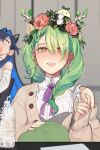  2girls animal_ears antlers blue_hair blunt_bangs blurry bottle brown_cardigan cardigan cat_ears ceres_fauna depth_of_field detached_sleeves earrings eus_ing flower frills green_hair green_nails grin hair_flower hair_intakes hair_ornament head_wreath hime_cut hololive hololive_english jewelry long_hair looking_at_viewer mole mole_under_eye multiple_girls ouro_kronii purple_ribbon ribbon shirt sleeveless sleeveless_shirt smile turtleneck virtual_youtuber water_bottle white_shirt yellow_eyes 