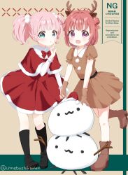  2girls :d akaza_akari antlers black_boots blush boots bow bowtie brown_boots brown_dress brown_gloves capelet commentary_request deer_antlers double_bun dress full_body fur-trimmed_capelet fur-trimmed_dress fur_trim gloves green_eyes hair_bobbles hair_bun hair_ornament hand_up hat highres horns index_finger_raised long_sleeves looking_at_viewer mearian multiple_girls open_mouth pink_hair pom_pom_(clothes) puffy_short_sleeves puffy_sleeves red_bow red_bowtie red_capelet red_dress red_hair santa_hat short_hair short_sleeves smile snowman standing standing_on_one_leg twintails twitter_username violet_eyes watermark yoshikawa_chinatsu yuru_yuri 