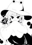  1girl blush covering_mouth detached_sleeves greyscale hand_up hanokami hat highres long_hair long_sleeves looking_at_viewer monochrome moriya_suwako sleeves_past_fingers sleeves_past_wrists solo touhou tsurime upper_body wide_sleeves 