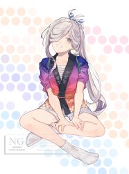  1girl absurdres asashimo_(kancolle) asashimo_(saury_festival)_(kancolle) chest_sarashi clothes_writing commission grey_hair grin hair_over_one_eye hair_ribbon happi highres japanese_clothes kabe_(inunufuwafuwa) kantai_collection long_hair looking_at_viewer ponytail ribbon sarashi short_sleeves shorts simple_background sitting skeb_commission smile solo tabi very_long_hair watermark white_shorts 