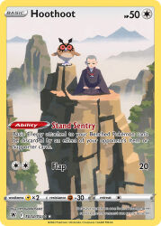  1boy artist_name card_(medium) character_name closed_eyes closed_mouth company_name copyright_name copyright_notice english_text fog grey_hair hoothoot hyogonosuke jewelry monk mountainous_horizon necklace official_art outdoors poke_ball poke_ball_(basic) pokemon pokemon_(creature) pokemon_card pokemon_hgss pokemon_tcg purple_robe red_eyes robe sage_(pokemon) short_hair sitting third-party_source trading_card tree very_short_hair 