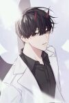  1boy black_eyes black_hair black_shirt black_wings demon_horns highres horns jacket kim_dokja kiyukyuu male_focus omniscient_reader&#039;s_viewpoint shirt solo white_jacket wings 