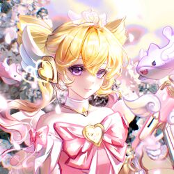  1girl absurdres bare_shoulders blonde_hair bow bowtie bracelet brooch cherry_blossoms chinese_commentary closed_mouth collar collarbone commentary_request cute_weapon detached_collar detached_sleeves drill_hair explosion eyelashes feather_sleeves gloves gold_bracelet gun hair_between_eyes hair_ornament handgun happy heart heart_brooch heart_hair_ornament heart_sticker highres holding holding_gun holding_weapon jewelry light_blush light_particles lipstick long_hair loose_hair_strand magical_girl makeup mercy_(overwatch) night official_alternate_costume outdoors overwatch pink_bow pink_bowtie pink_lips pink_mercy shark sleeve_bow smile solo songli_naiwei sparkle spring_(season) sticker_on_face tree twin_drills upper_body violet_eyes wavy_hair weapon white_collar white_gloves white_sleeves wing_hair_ornament yellow_brooch 