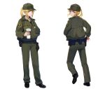  1girl absurdres baseball_cap belt black_belt black_footwear blonde_hair brown_eyes brown_shirt collared_shirt commentary cup disposable_cup drink english_commentary full_body green_headwear green_jacket green_pants gun handgun hat highres holding holding_cup holding_drink holster holstered_weapon jacket long_hair long_sleeves looking_at_viewer looking_back los_angeles_county_sheriff&#039;s_department multiple_views original pants patch police police_uniform policewoman ponytail sheriff sheriff_badge shirt shoes sidelocks standing tuzik10 uniform utility_belt weapon 