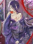  1boy alternate_costume architecture east_asian_architecture genshin_impact girly_boy highres japanese_clothes kimono long_hair male_focus mouth_hold parted_bangs purple_hair scaramouche_(genshin_impact) solo string string_of_fate violet_eyes 