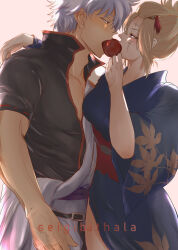  1boy 1girl absurdres apple black_shirt blonde_hair blue_kimono breasts collarbone commentary commentary_request couple eye_contact feeding food from_side fruit gintama hadanugi_dousa hair_ornament half-closed_eyes hetero high_collar highres japanese_clothes kimono long_sleeves looking_at_another open_clothes open_shirt profile red_eyes red_sash sakata_gintoki sash scar scar_on_face seigibathala shared_food shirt short_hair short_sleeves tsukuyo_(gintama) white_kimono 