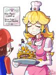  1boy 1girl absurdres adapted_costume apologizing apron bad_food blonde_hair blue_overalls brown_hair cake chef chef_hat collar crying earrings elbow_gloves facial_hair failure food frilled_collar frills gloves hat highres holding holding_cake holding_food holding_plate jewelry letter long_hair mag_(magdraws) mario mario_day messy mustache overalls pink_apron plate princess_peach red_headwear short_sleeves streaming_tears super_mario_bros. tears white_gloves 
