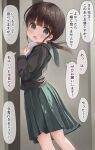  1girl :o black_shirt blush brown_hair commentary_request from_side green_eyes green_sailor_collar green_skirt hands_up highres holding long_hair long_sleeves looking_at_viewer looking_to_the_side low_twintails mimikaki_(men_bow) open_mouth original pleated_skirt puffy_long_sleeves puffy_sleeves sailor_collar school_uniform serafuku shirt skirt solo translation_request twintails 
