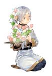  1girl abe_tsukasa boots closed_mouth dango eating elf food frieren green_eyes holding holding_plate long_hair long_sleeves plate pointy_ears ponytail robe simple_background sitting smile solo sousou_no_frieren thick_eyebrows wagashi white_background white_hair 