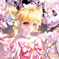  1girl absurdres bare_shoulders blonde_hair bow bowtie bracelet brooch cherry_blossoms chinese_commentary closed_mouth collar collarbone commentary_request cute_weapon detached_collar detached_sleeves drill_hair eyelashes feather_sleeves gloves gold_bracelet gun hair_between_eyes hair_ornament handgun happy heart heart_brooch heart_hair_ornament heart_sticker highres holding holding_gun holding_weapon jewelry light_blush light_particles lipstick long_hair loose_hair_strand magical_girl makeup mercy_(overwatch) night official_alternate_costume outdoors overwatch pink_bow pink_bowtie pink_lips pink_mercy shark sleeve_bow smile solo songli_naiwei sparkle spring_(season) sticker_on_face tree twin_drills upper_body violet_eyes wavy_hair weapon white_collar white_gloves white_sleeves wing_hair_ornament yellow_brooch 