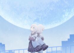  2girls absurdres blue_eyes blush glasses green_eyes highres ikeda_chitose ikeda_chizuru moon multiple_girls nanamori_school_uniform okaasan_(okaasandx) school_uniform short_hair siblings sisters sky snow snowing twins white_hair yuru_yuri 