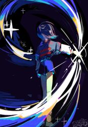  1other back blue_shorts frisk_(undertale) highres matu_(t_iyou8) other_focus outstretched_arm red_stripes short_hair shorts solo standing twitter_username undertale 