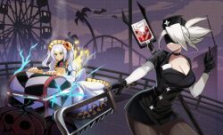  2b_(nier:automata) 2b_(nier:automata)_(cosplay) apron black_blindfold blindfold bloody_marie_(skullgirls) cosplay frieren frieren_(cosplay) hacksaw hair_ornament hat highres maid maid_headdress mask mouth_mask nurse nurse_cap pumpkin ribs saw skull_hair_ornament skullgirls surgical_mask twintails valentine_(skullgirls) white_hair 