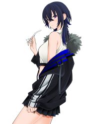  1girl armpit_crease black_hair black_skirt cowboy_shot crossed_bangs from_side fur-trimmed_jacket fur_trim hair_between_eyes highres holding holding_removed_eyewear ichinose_uruha ichinose_uruha_(4th_costume) jacket long_hair looking_at_viewer lupinus_virtual_games midriff_peek multicolored_hair pleated_skirt round_eyewear shirt simple_background single_bare_shoulder single_off_shoulder skirt sleeveless sleeveless_shirt solo streaked_hair unworn_eyewear uwanosora000 violet_eyes virtual_youtuber vspo! white_background wolf_cut 