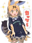 1girl animal_ear_fluff animal_ears baseball_jersey black_shirt blurry blush bow bowtie buttons chestnut_mouth commentary cowboy_shot depth_of_field dot_nose elbow_gloves english_text extra_ears gloves highres kemono_friends letter_hair_ornament logo looking_at_object looking_down medium_hair nishiki_kazue open_mouth orange_hair print_bow print_bowtie print_gloves print_skirt print_thighhighs serval_(kemono_friends) serval_print shirt shirt_tug short_sleeves skirt solo sparkle sparkling_eyes striped_tail tail two-tone_bowtie v-shaped_eyebrows white_background yellow_eyes 