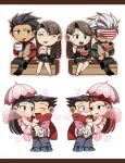  &gt;_&lt; 3boys 3girls ace_attorney asymmetrical_bangs beard black_hair black_jacket blowing_on_food blue_badger blue_eyes blush braid brown_hair bug butterfly carrying carrying_person chibi chopsticks closed_eyes coffee_mug couple crossed_legs cup dahlia_hawthorne diego_armando dual_persona earrings facial_hair food formal godot_(ace_attorney) hagoromo holding holding_chopsticks holding_cup holding_food iris_(ace_attorney) jacket jewelry long_hair long_sleeves looking_at_another mask matching_hairstyle mia_fey mole mole_under_mouth mouth_mask mug multiple_boys multiple_girls multiple_views noodles open_mouth pants parasol phoenix_wright phoenix_wright:_ace_attorney_-_trials_and_tribulations pink_badger pink_shawl pink_sweater pinstripe_pattern pinstripe_vest princess_carry ramen redhead shawl shirt short_hair siblings sisters skirt skirt_suit smile striped suit surgical_mask sweatdrop sweater tongue tongue_out twins umbrella vest wahootarou white_butterfly white_umbrella 