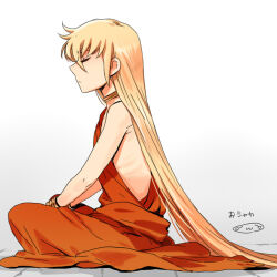  1boy alternate_costume androgynous bare_shoulders bindi blonde_hair bracelet casual closed_eyes expressionless eyelashes facial_mark forehead_mark from_side gold_bracelet indian_clothes indian_style jewelry long_hair male_focus mizuhara_aki neck_ring on_ground profile saint_seiya sitting solo u_u very_long_hair virgo_shaka 