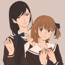  2girls 55bata6rou alternate_hairstyle black_hair blue_ribbon borrowed_accessory brown_eyes brown_hair closed_mouth fukuzawa_yumi grey_background hair_over_shoulder hair_ribbon hands_up highres lillian_girls&#039;_academy_school_uniform long_hair long_sleeves looking_at_another low_ponytail maria-sama_ga_miteru multiple_girls ogasawara_sachiko ponytail ribbon school_uniform short_hair side_ponytail simple_background smile upper_body 