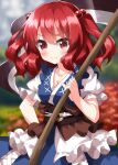  1girl blue_dress blurry blurry_background dress hair_bobbles hair_ornament highres holding holding_scythe one-hour_drawing_challenge onozuka_komachi puffy_short_sleeves puffy_sleeves red_eyes redhead ruu_(tksymkw) sash scythe shirt short_sleeves short_twintails touhou twintails white_shirt 