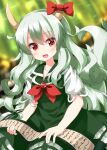  bamboo bamboo_forest blurry blurry_background bow bowtie dress ex-keine forest green_dress green_skirt highres horns kamishirasawa_keine long_hair multiple_tails nature one-hour_drawing_challenge open_mouth ruu_(tksymkw) scroll skirt tail touhou very_long_hair white_hair 
