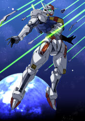  absurdres bit_(gundam) earth_(planet) firing gundam gundam_aerial gundam_suisei_no_majo hanzaki_jirou highres mecha mobile_suit no_humans planet robot science_fiction space star_(sky) v-fin 